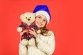 Christmas gift. Teddy bear improve psychological well being. Small girl hold teddy bear toy. Kid little girl play toy
