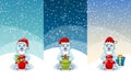 Christmas gift and toy banner set. Present boxes with bow and ribbon, santa bag with candy cane, plush bear and rabbit Royalty Free Stock Photo
