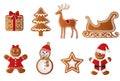 christmas gift, tree, reindeer, sled, girl, snowman, star and santa claus gingerbread