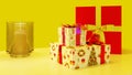 Christmas-gifts with caldle and Chstrimas tree on yellow background Royalty Free Stock Photo