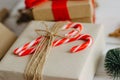 Christmas gifts with candy canes. Christmas composition Royalty Free Stock Photo