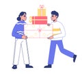 Christmas gifts, characters give and receive holidays gifts. Winter holiday celebrating, young family with gift boxes flat vector