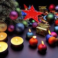 Christmas gifts, christmas tree, candles, colored decor, stars, balls on black background Royalty Free Stock Photo
