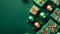 Christmas gifts and golden ribbons, ball and decoration group on a green surface. Royalty Free Stock Photo