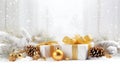 Christmas gifts with golden ribbons, balls, baubles and pine cones. Royalty Free Stock Photo