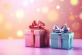 Christmas gifts on gradient shimmer background with snow, light bokeh. AI generated