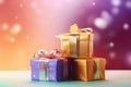 Christmas gifts on gradient shimmer background with snow, light bokeh. AI generated
