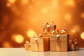 Christmas gifts on gradient shimmer background with snow, light bokeh. AI generated