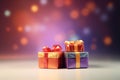 Christmas gifts on gradient shimmer background with snow, light bokeh. AI generated