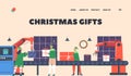 Christmas Gifts Landing Page Template. Santa Helpers Work on Conveyor. Factory with Elf Make Presents On Industrial Line