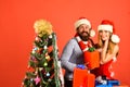 Christmas gifts and love concept. Santa and sexy girl Royalty Free Stock Photo