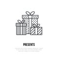 Christmas gifts, new year presents packaging flat line icons. Winter holidays vector illustration, signs for celebration