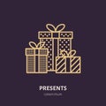 Christmas gifts, new year presents packaging flat line icons. Winter holidays vector illustration, signs for celebration