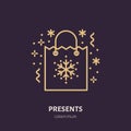 Christmas gifts, new year presents packaging flat line icons. Winter holidays vector illustration, signs for celebration