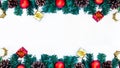 Christmas background with fir tree and pine cones on white table. Top view with copy space Royalty Free Stock Photo