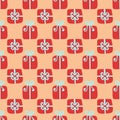 Christmas gifts pattern. Winter holiday wallpaper. Box with ribbon and bow. Seamless texture for the New Year
