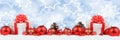 Christmas gifts presents balls banner decoration snow winter background copyspace