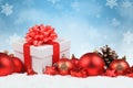 Christmas gifts presents balls baubles decoration snow snowflakes background copyspace copy space Royalty Free Stock Photo