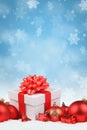 Christmas gifts presents balls baubles decoration snow snowflakes portrait format background copyspace copy space Royalty Free Stock Photo