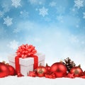 Christmas gifts presents balls baubles decoration square snow snowflakes background copyspace copy space Royalty Free Stock Photo