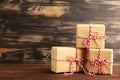 Christmas gifts presents on brown background with copy space