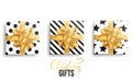 Christmas gifts. Realistic gift packages with gold bows and trendy winter patterns
