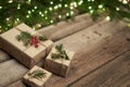 Christmas gifts on rough weathered wooden planks