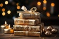 Christmas gifts in shiny paper and bright ribbons and candles on a blurred background with bokeh by the Christmas tree. Merry Royalty Free Stock Photo