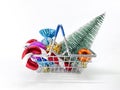 Christmas gifts in the shopping basket. New Year's sale. Royalty Free Stock Photo