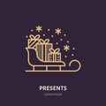 Christmas gifts on sleigh, new year presents packaging flat line icons. Winter holidays vector illustration, signs for