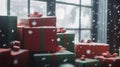 Christmas Gifts Stacked By Window With Snow Falling Royalty Free Stock Photo