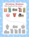 Christmas gifts and their shadows matching game, xmas and New Year holiday kids activities printable worksheet