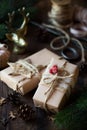 Christmas gifts wrapped in brown craft paper
