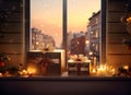 Christmas gifts wrapped in golden paper on a window ledge with a city skyline in the background