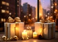 Christmas gifts wrapped in golden paper on a window ledge with a city skyline in the background