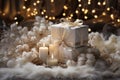 Christmas gIfts wrapped in white paper with a satin ribbon on a soft pad with Christmas lights on the background Royalty Free Stock Photo