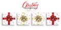 Christmas gifts with Xmas patterns and shiny realistic bows. Winter holidays decorations set. New Year and Christmas presents Royalty Free Stock Photo