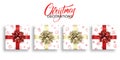 Christmas gifts with Xmas patterns and shiny realistic bows. Winter holidays decorations set. New Year and Christmas presents Royalty Free Stock Photo