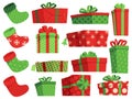 Christmas gifts. Xmas stocking for presents, wrapped boxes decorated for winter holidays. Gift box with dots, stripes Royalty Free Stock Photo