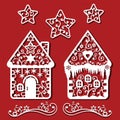 Christmas Ginger bead houses and stars for laser cutting Monochrime ornamental simple drawing