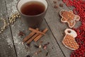 Christmas gingerbread cinnamon, Christmas decorations, tea, beads, Santas sleigh.