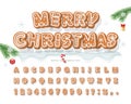 Christmas Gingerbread Cookie font. Bisquit traditional decorative alphabet. Hand drawn cartoon colorful letters, numbers Royalty Free Stock Photo