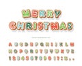 Christmas Gingerbread Cookie font. Hand drawn cartoon colorful alphabet for holidays. Biscuit letters and numbers. Vector Royalty Free Stock Photo