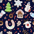 Christmas gingerbread cookie pattern, house, tree, snowman, deer, sock, snowflake