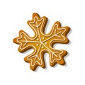 Christmas gingerbread cookie in snowflake shape with with sugar glaze in cartoon style. Festive sweet biscuit isolated Royalty Free Stock Photo