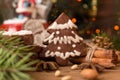 Christmas gingerbread cookies against background branch of fir t