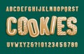 Christmas Gingerbread Cookies alphabet font. Cartoon letters and numbers with icing sugar covering.