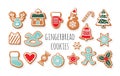 Christmas Gingerbread Cookies big set. Traditional decorative elements. Cute stickers for winter holidays design. Vector Royalty Free Stock Photo