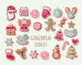 Christmas Gingerbread Cookies big set. Traditional decorative elements. Cute stickers for winter holidays design. Vector Royalty Free Stock Photo