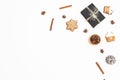 Christmas gingerbread cookies, black gift box and anise on white background. Flat lay. top view. New year concept